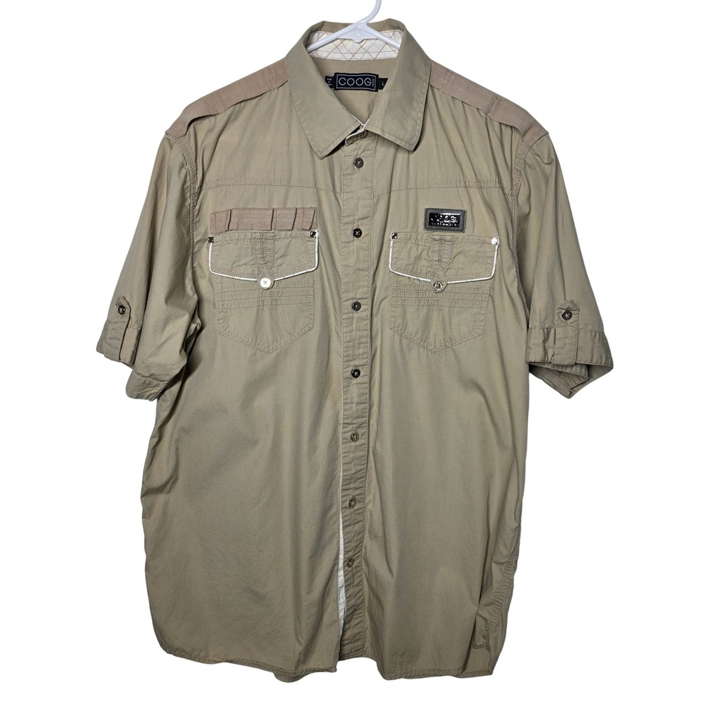 COOGI Mens Short Sleeve Button Up Shirt Tan Khaki Utility Safari Large L